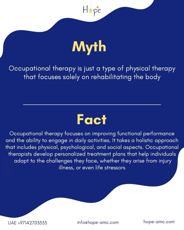 Do you think occupational therapy is just a type of physical therapy? 🤔 Occupational therapy integrates physical, psychological, and social aspects, providing personalized treatment plans to help you overcome the challenges you face. Let’s redefine the concept of occupational therapy! 💪✨
هل تعتقد أن العلاج المهني مجرد نوع من العلاج الطبيعي؟ 🤔 يدمج العلاج المهني الجوانب الجسدية والنفسية والاجتماعية، ويقدم خطط علاج شخصية لمساعدتك في التغلب على التحديات التي تواجهها. دعونا نعيد تعريف مفهوم العلاج المهني! 💪✨Book an appointment for your child today!
📲 +971-42703333
📲 +971-529997075
📧 info@hope-amc.com#HopeAmc #HopeAmcDubai #PediatricTreatment #SpecialNeeds #PediatricTreatmentCenter #IntensiveTherapy #MentalHealth #Recovery #PositiveChange